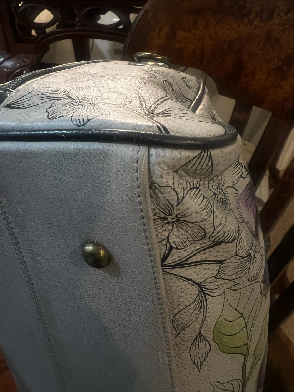 Anuschka Hand Painted Leather Satchel Northern Jays Large Multicolor - Picture 5 of 11